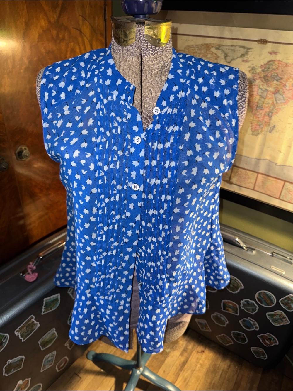 Cabi Blue White Floral Print Sheer Sleeveless Pleated Blouse Size M